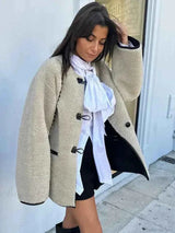 Oversize Vintage Faux-Fell-Jacke mit Rundhalsausschnitt