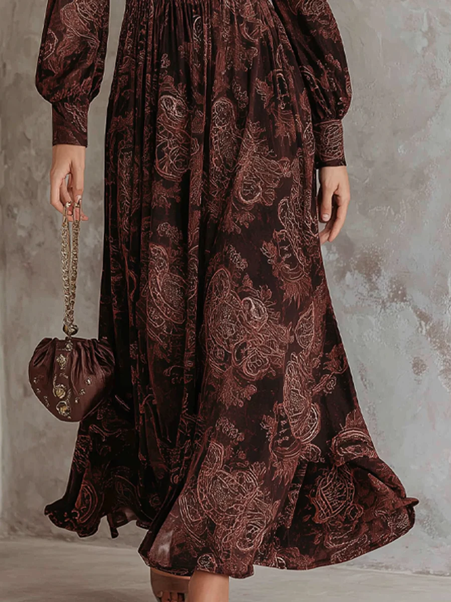 Elegantes Braunes Paisley-Maxikleid mit Reißverschluss für einen eleganten und stilvollen Look