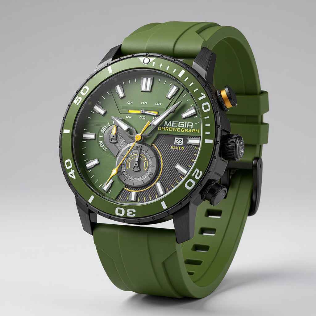 Chronograph Herrenuhr, Keramiklünette, Silikonarmband, präzise