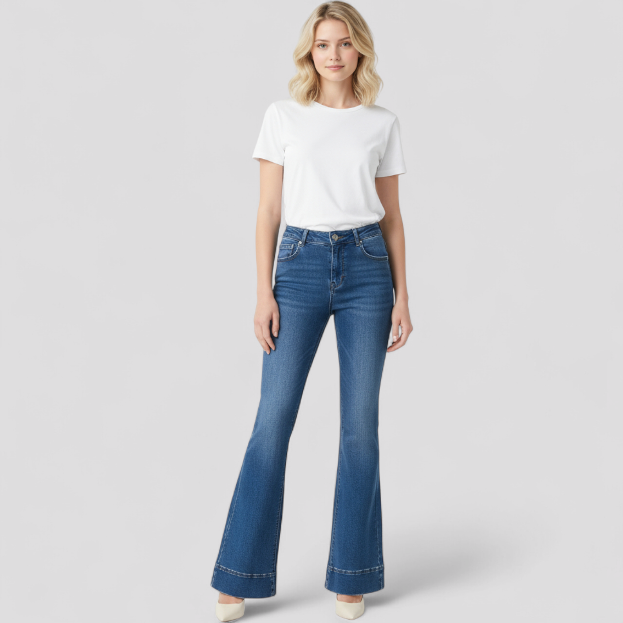 Eva | Schicke hoch taillierte Schlagjeans mit stilvoller doppelter Knopfmanschette