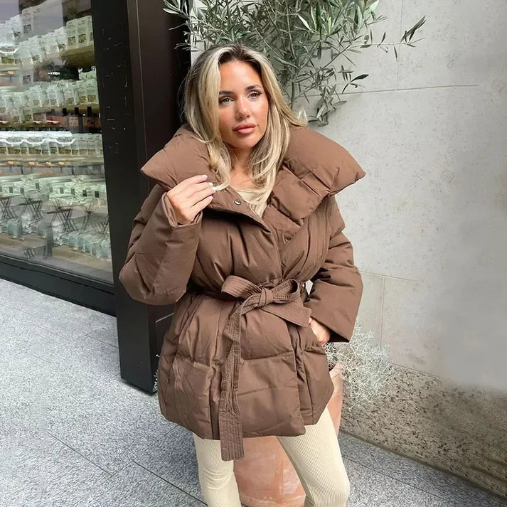 Women's Belted Puffer Coat with Stand Collar
