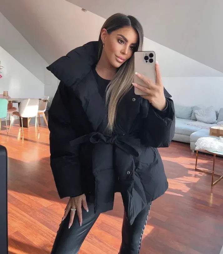 Women's Belted Puffer Coat with Stand Collar