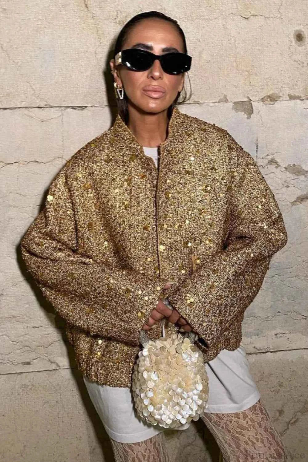 Helle Goldene 3D Pailletten Stickerei Wollmischung Umschlagtasche Mantel