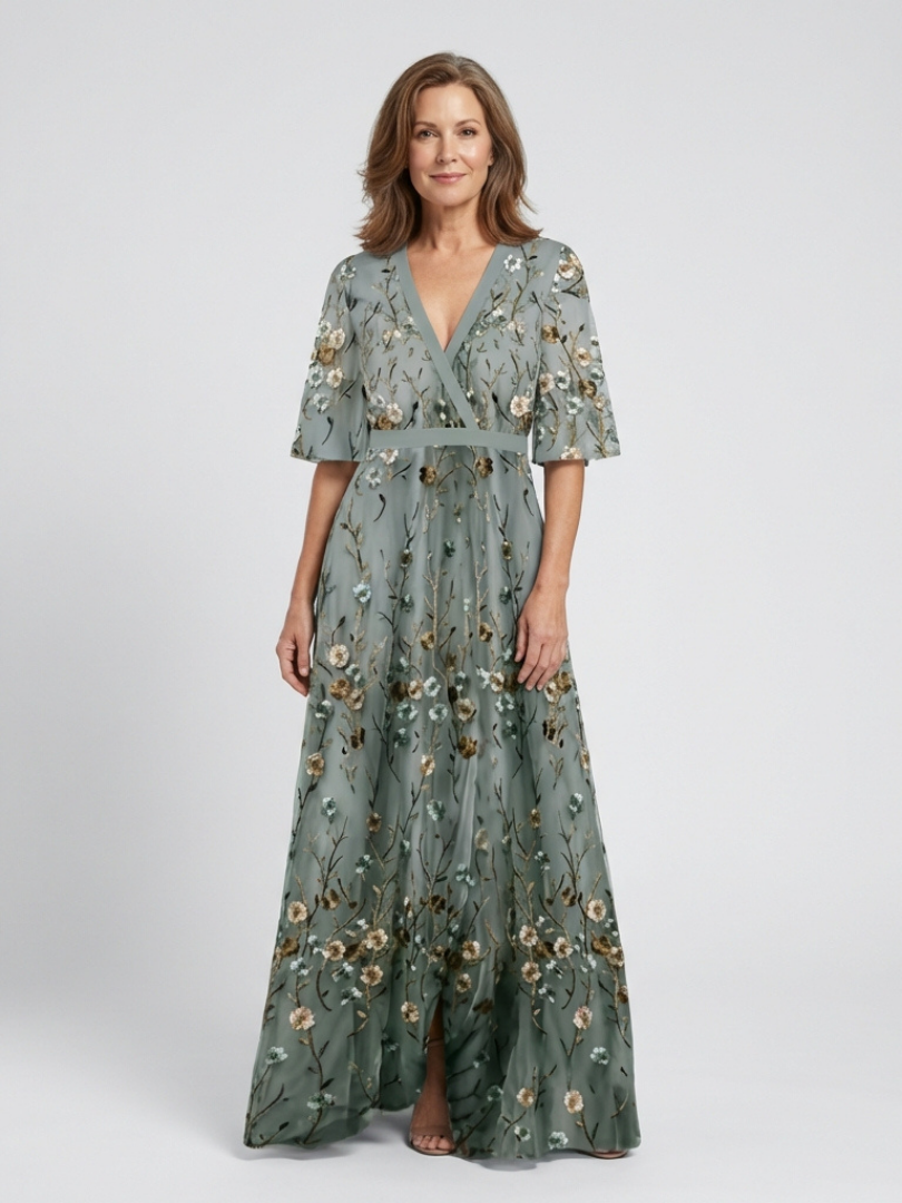 Lina & Emma™ | Kurzärmliges Maxikleid mit Blumenmuster und V-Ausschnitt