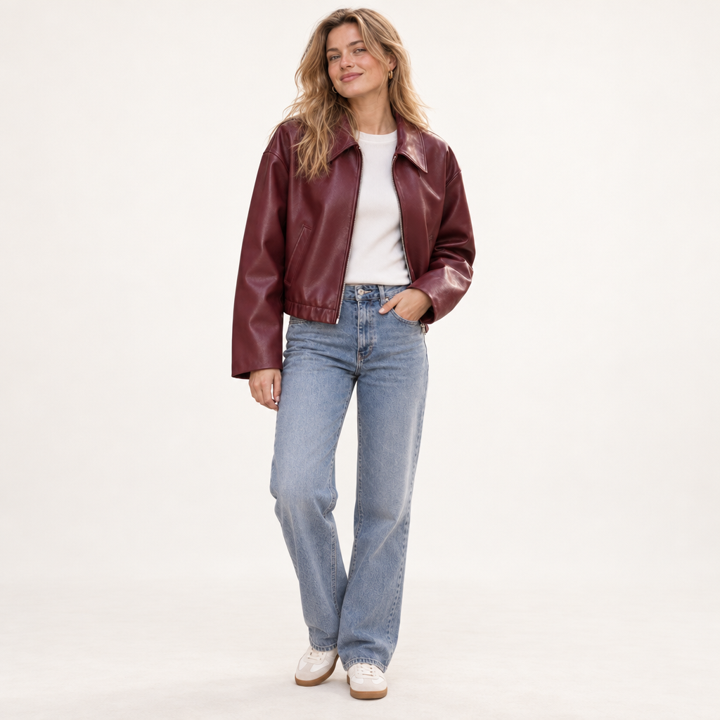 Damen Kurze Kunstlederjacke mit Reißverschluss und Kragen