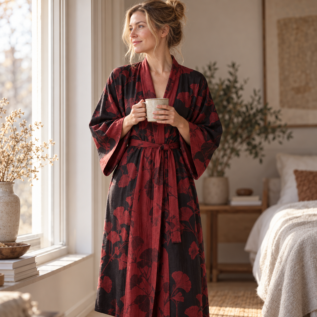 Baumwoll-Kimono-Bademantel mit wendbarem Blattmuster