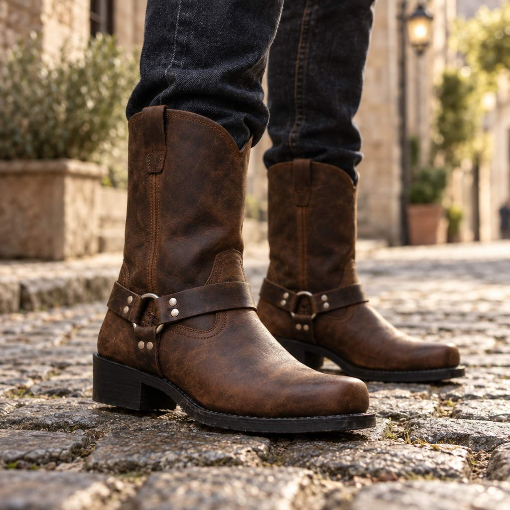Herren Westernstiefel mit Riemen und Metalldetails