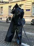 Elegante soprabito nero in pelle PU con spacco alto drammatico