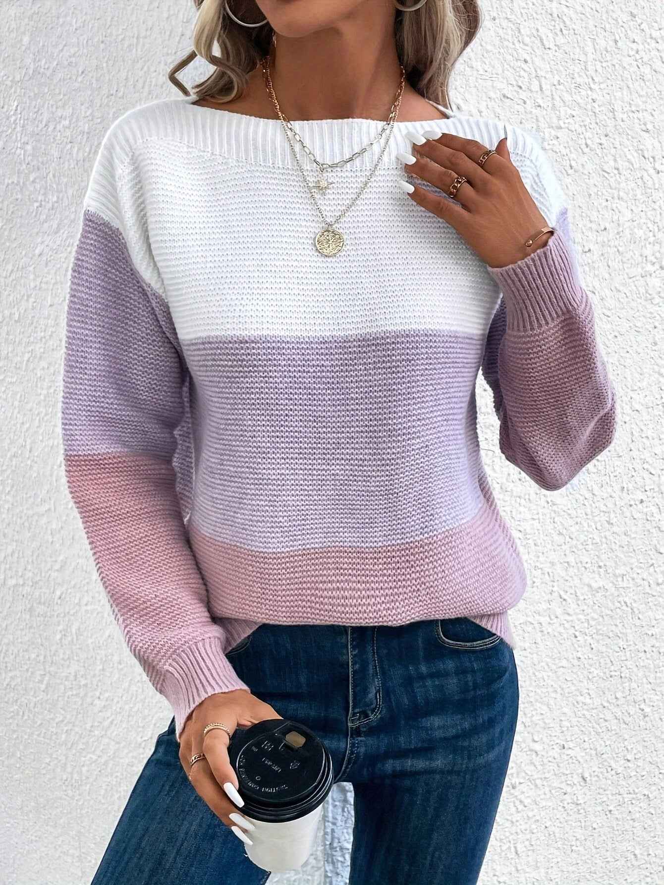 Stilvoller dreifarbiger Damen-Strickpullover für jeden Anlass
