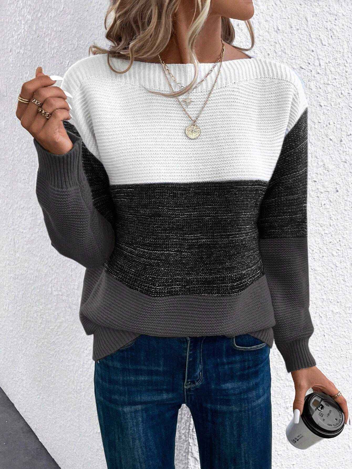 Stilvoller dreifarbiger Damen-Strickpullover für jeden Anlass