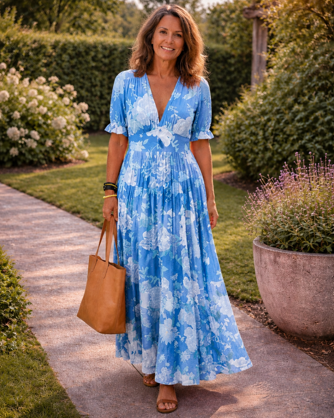 Ione | Kurzarm-Midikleid mit Blumenmuster und V-Ausschnitt