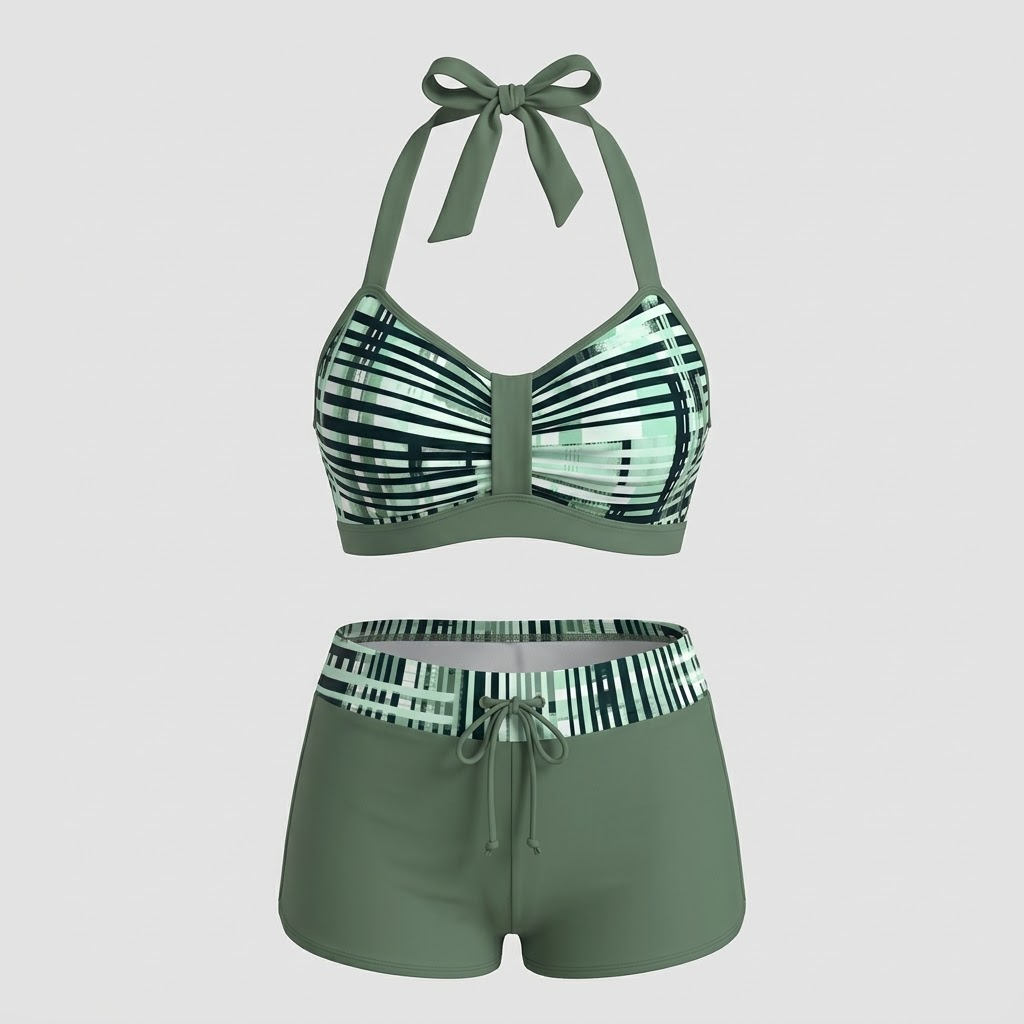 Bikini taille haute à motif côtelé