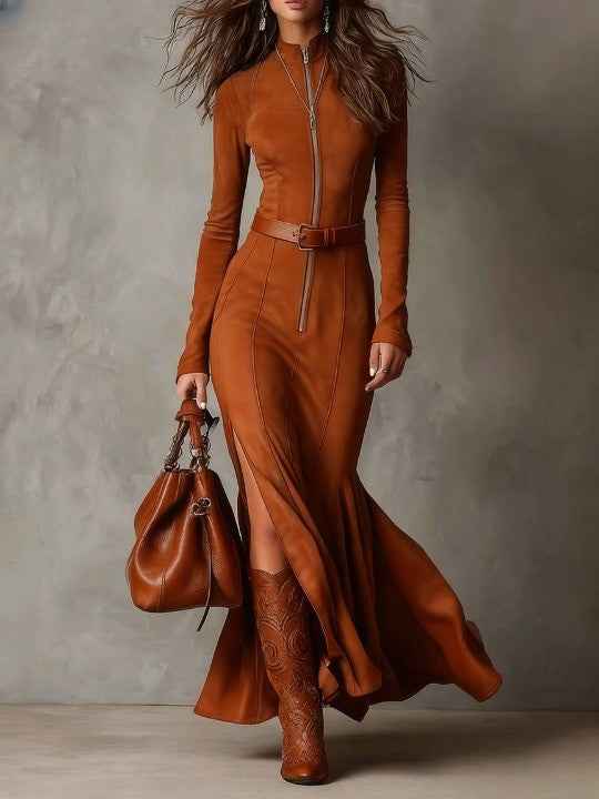 Elegantes Vintage Braunes Maxikleid mit Reißverschluss und Gürtel für einen zeitlosen Look