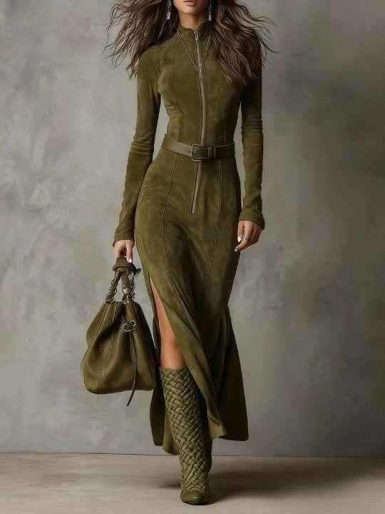 Elegantes Vintage Braunes Maxikleid mit Reißverschluss und Gürtel für einen zeitlosen Look