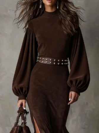 Retro Maxikleid mit Lanternärmeln, Stehkragen und inklusive Gürtel