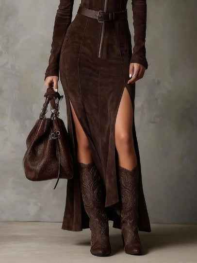 Elegantes Vintage Braun V-Ausschnitt Reißverschluss-Maxikleid mit Schlitz und Gürtel