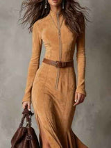 Maxi Vintage Kleid Kamel mit Reißverschlussgürtel (Gürtel inklusive)