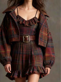 Schickes Vintage-Karomuster-Rüschen-Minikleid mit lockerem Jackett-Set – Gürtel inklusive