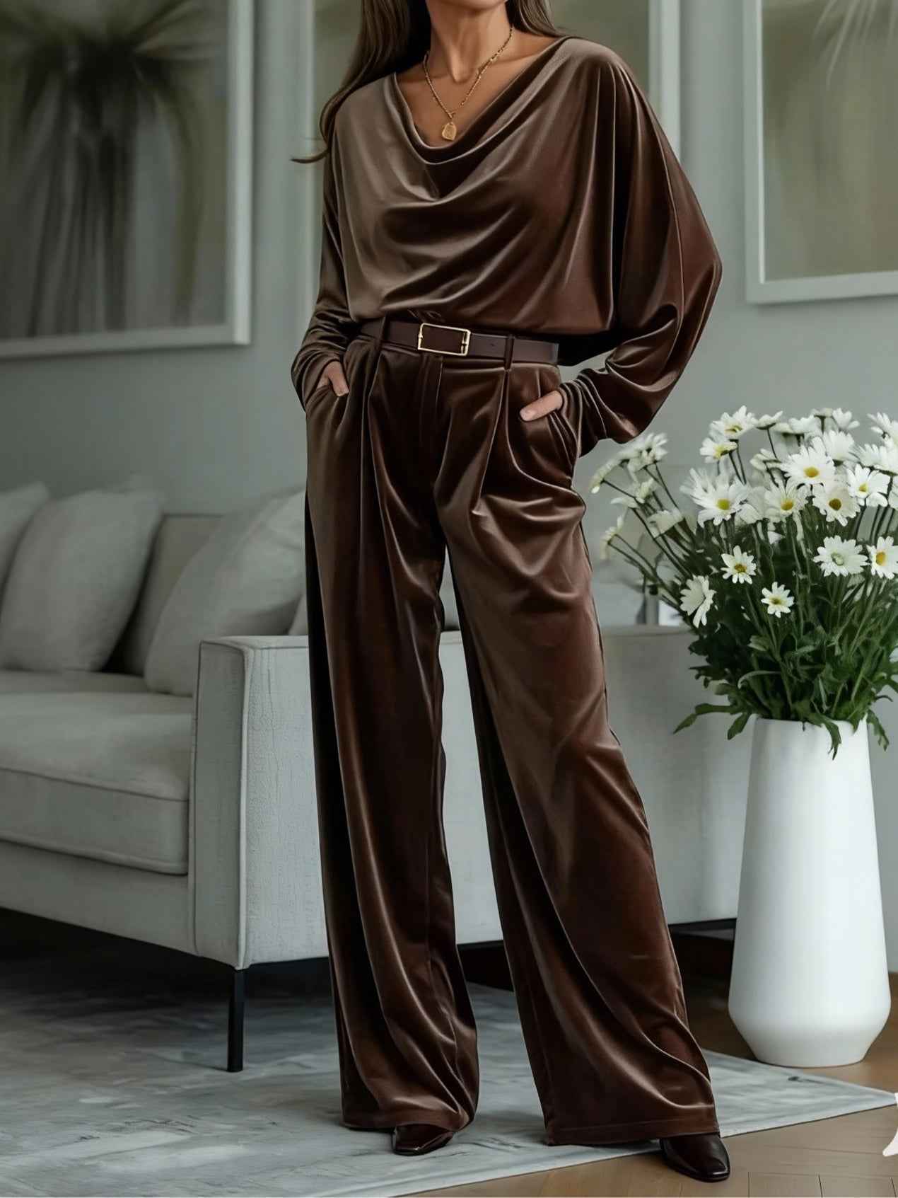 Coffee velvet turtleneck top and trousers set (including belt)