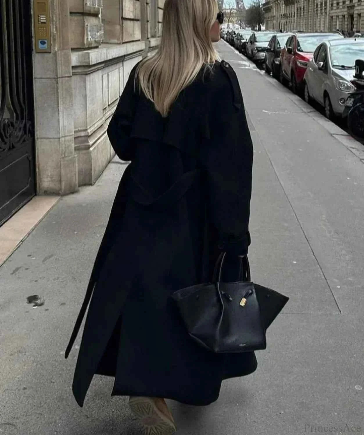 Langer Schaffell-Wollmantel mit Lederpatchwork und verstellbarem Band