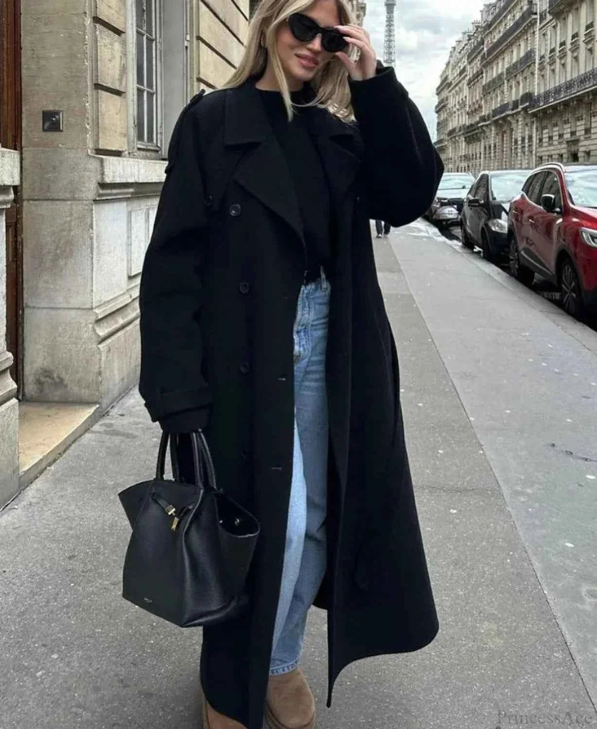 Langer Schaffell-Wollmantel mit Lederpatchwork und verstellbarem Band