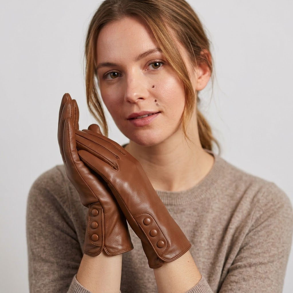 Damen Handschuhe in Lederoptik aus PU mit Knopfdetails