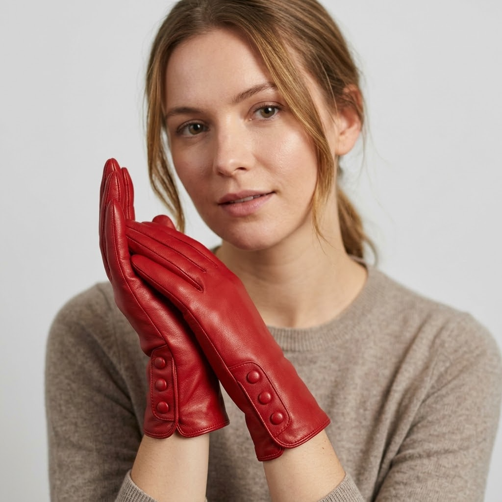 Damen Handschuhe in Lederoptik aus PU mit Knopfdetails