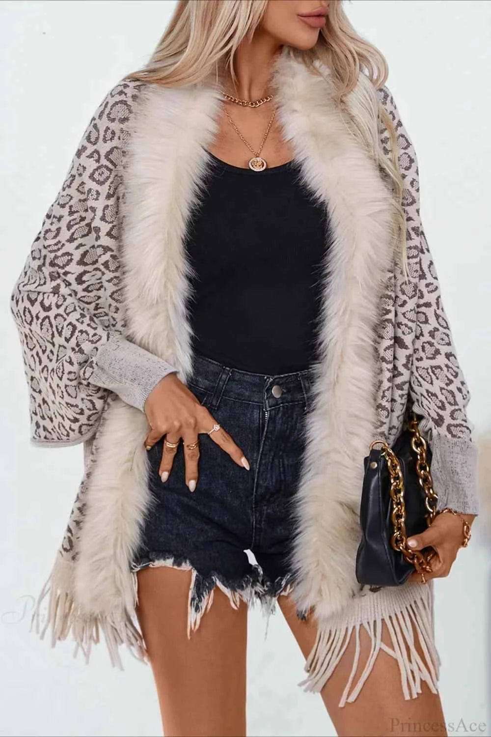 Leopardmuster Pelzschal mit Kragen, Batik-Strickmantel