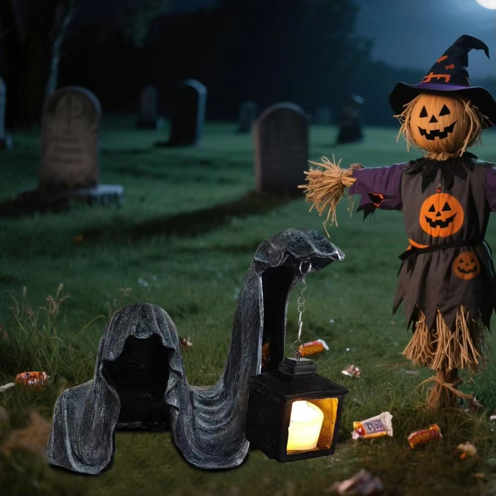 Geisterfigur mit Laterne - Leuchtende Halloween-Dekoration Grau