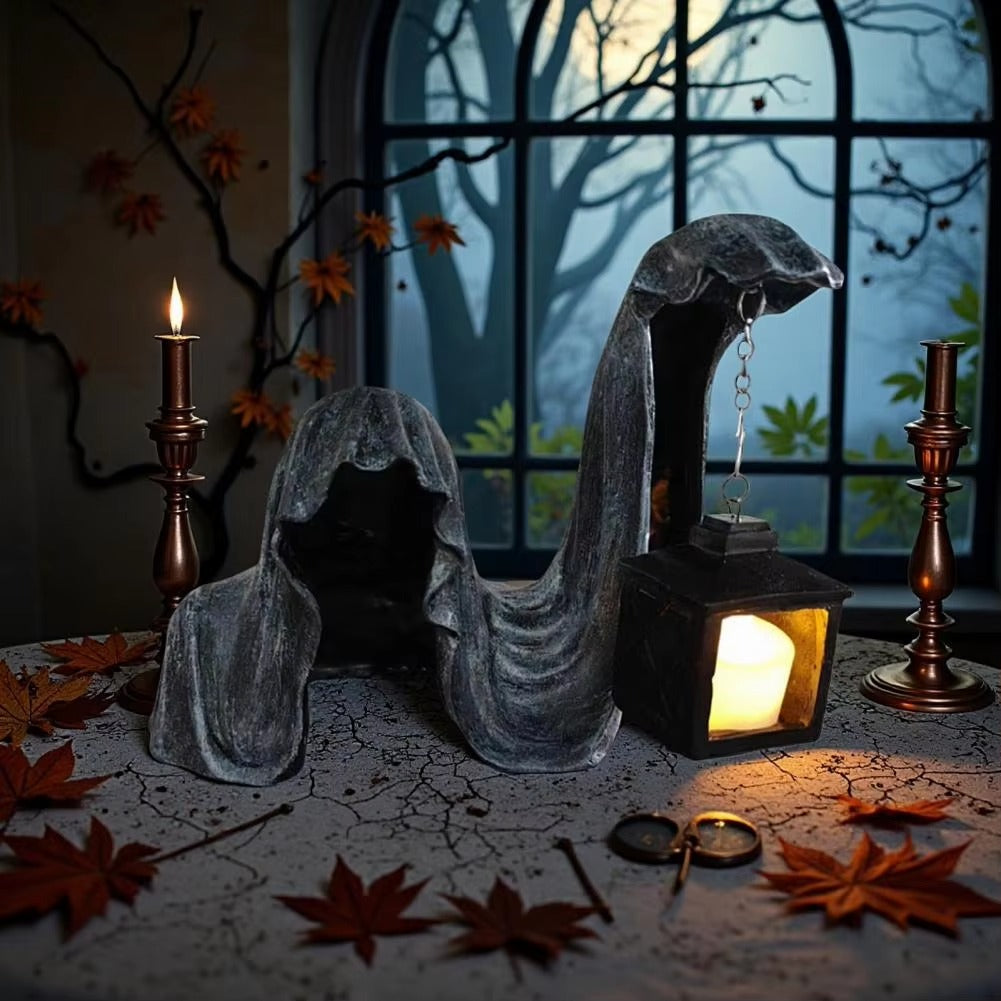 Geisterfigur mit Laterne - Leuchtende Halloween-Dekoration Grau
