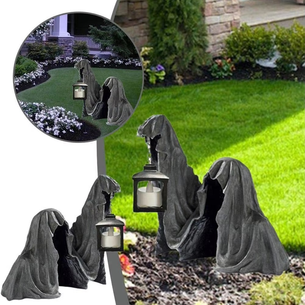 Geisterfigur mit Laterne - Leuchtende Halloween-Dekoration Grau