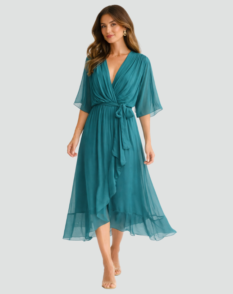 Damen Wickel-Midikleid mit Bindegürtel, elegant & festlich