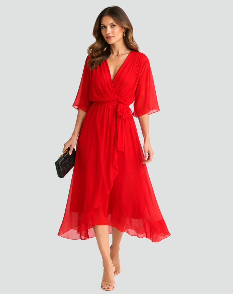 Damen Wickel-Midikleid mit Bindegürtel, elegant & festlich