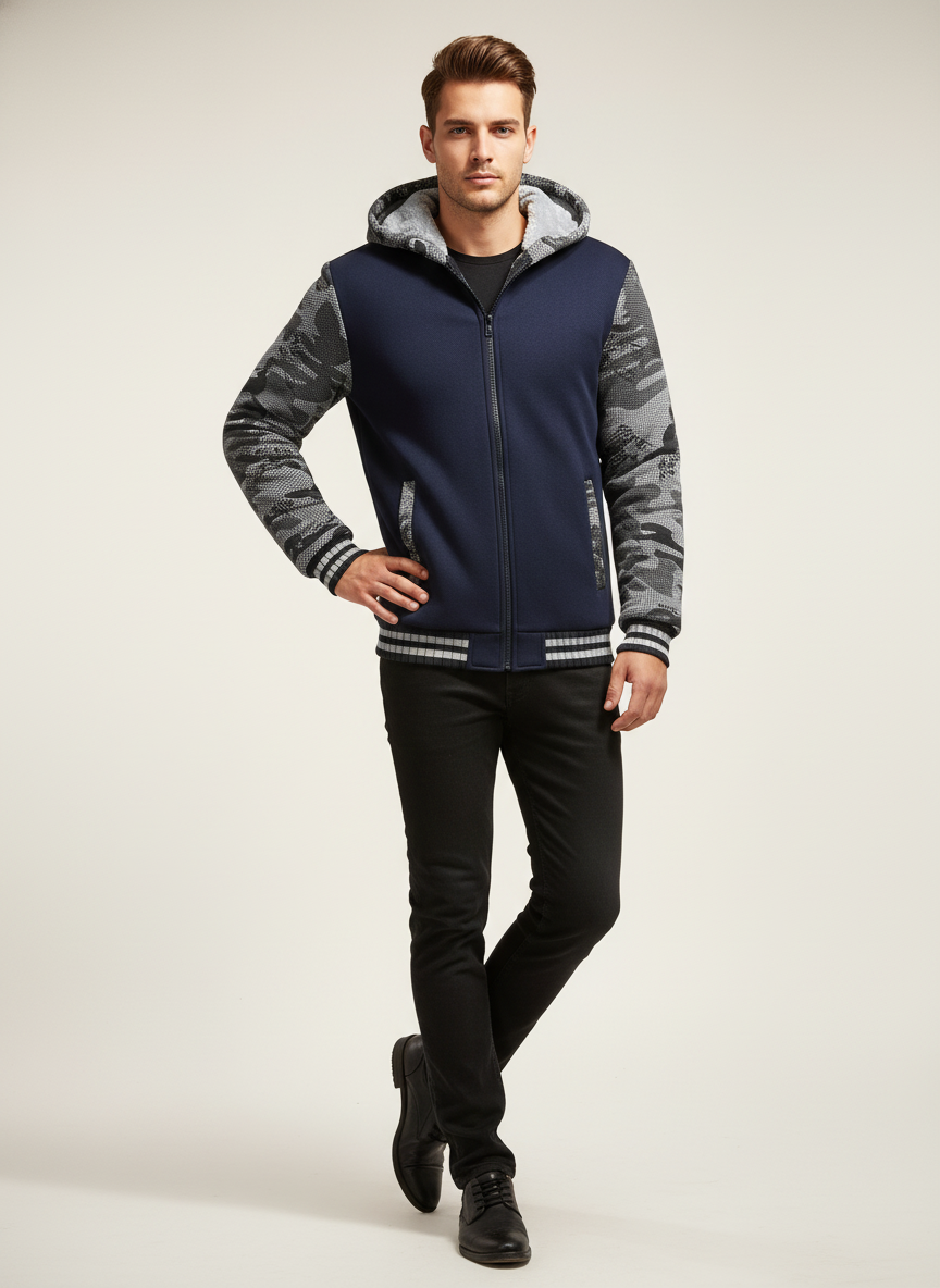 Herren Warme Fleece-Kapuzenjacke im Colorblock-Design