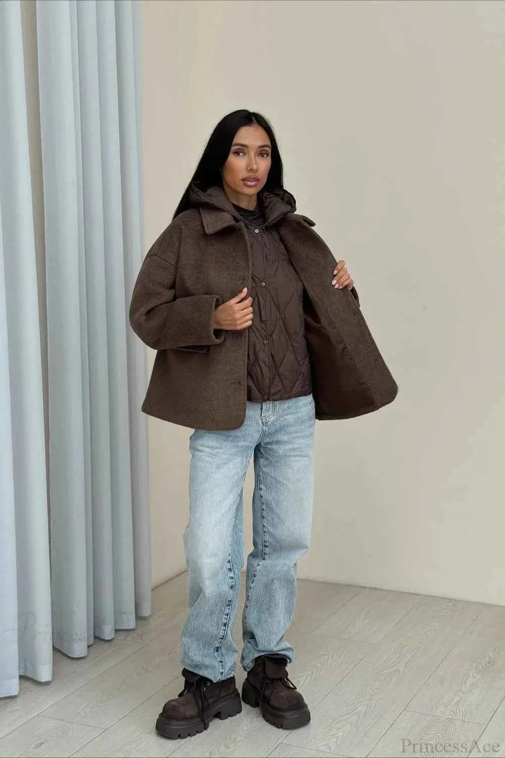 Wendbarer Mantel aus meliertem Wolle mit Notch-Revers und legerem Schnitt