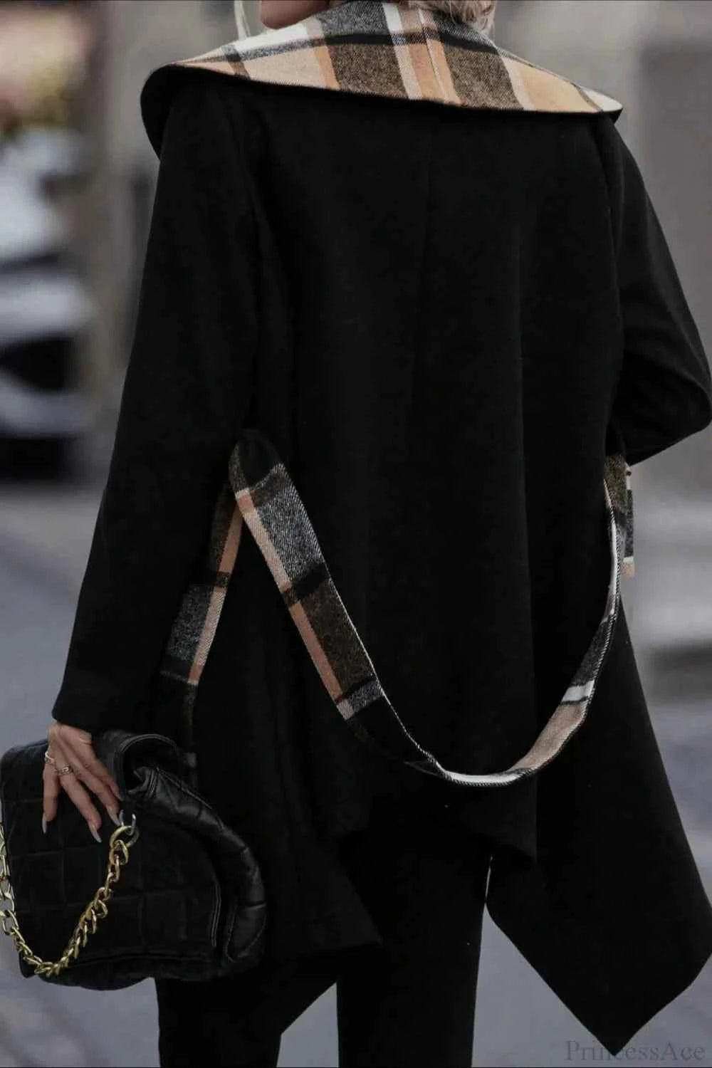 Verzierter Karomantel mit Bindegürtel und Wollmischung für gemütliche Raffinesse