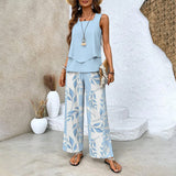 2-teiliges Sommer-Set mit Blatt-Print - Top in Lagen-Optik & Weite Hose