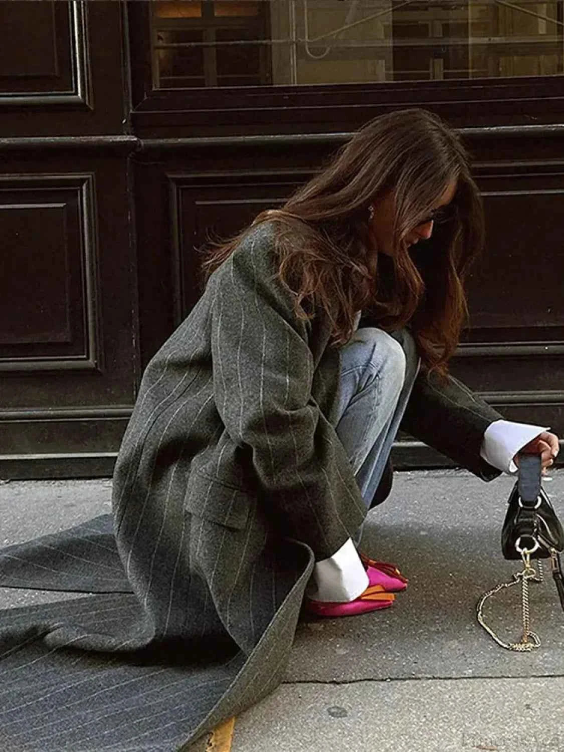 Vintage-Lana-Mantel mit Streifen, lockere Passform, V-Ausschnitt