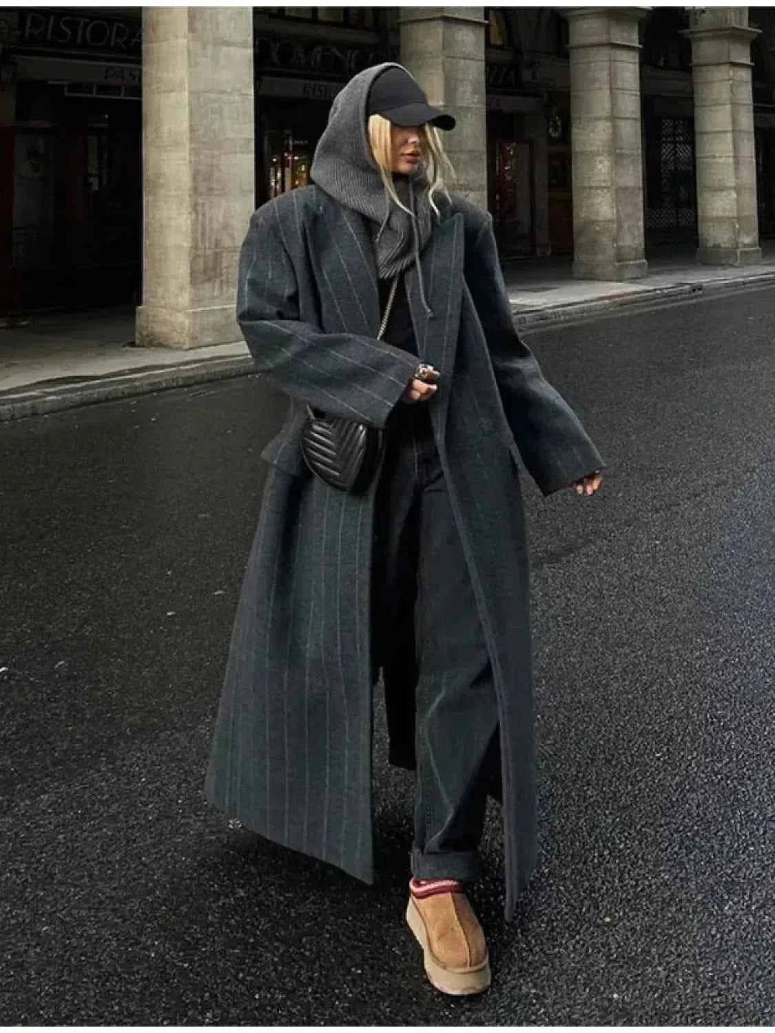 Vintage-Lana-Mantel mit Streifen, lockere Passform, V-Ausschnitt