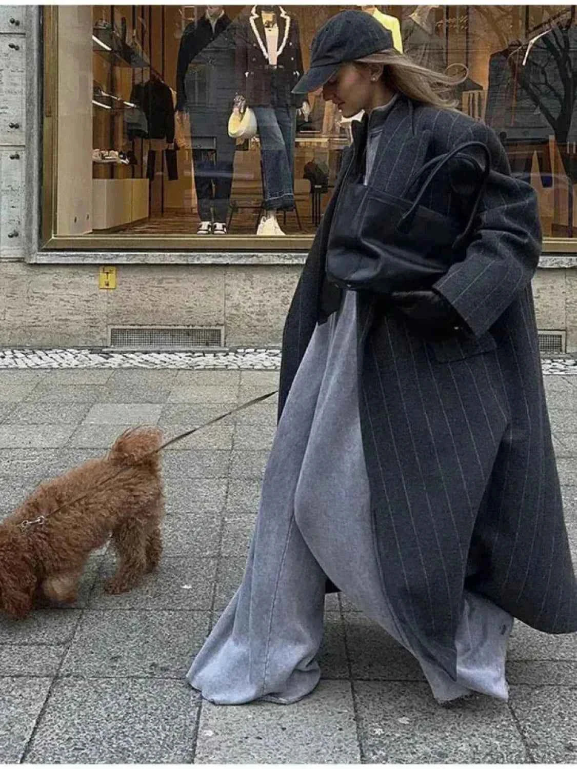 Vintage-Lana-Mantel mit Streifen, lockere Passform, V-Ausschnitt