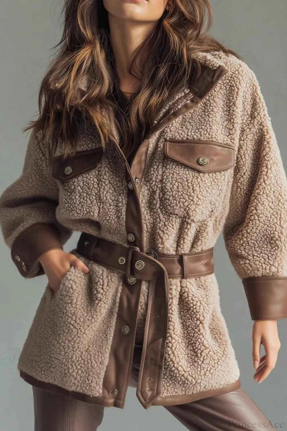 Retro Samtjacke mit PVC-Panel, Taschen und verstellbarem Bund