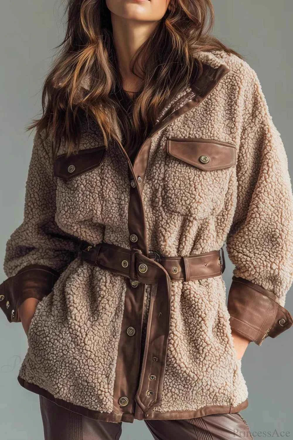 Retro Samtjacke mit PVC-Panel, Taschen und verstellbarem Bund