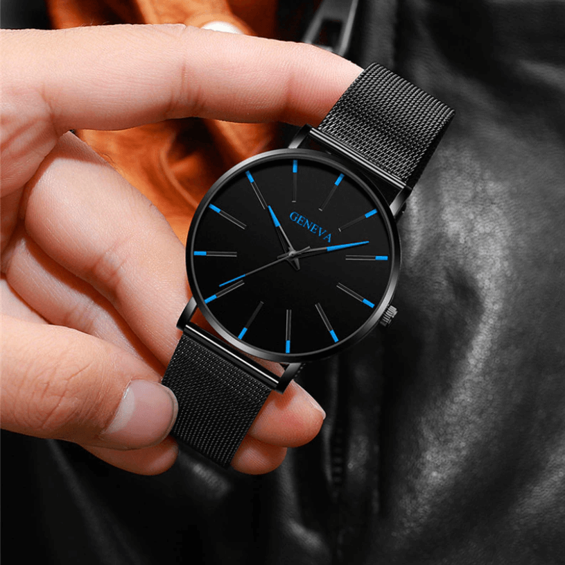 Herrenuhr Schwarz Ultra-dünnes Quarz - Stilvolle Business-Armbanduhr mit Lederarmband