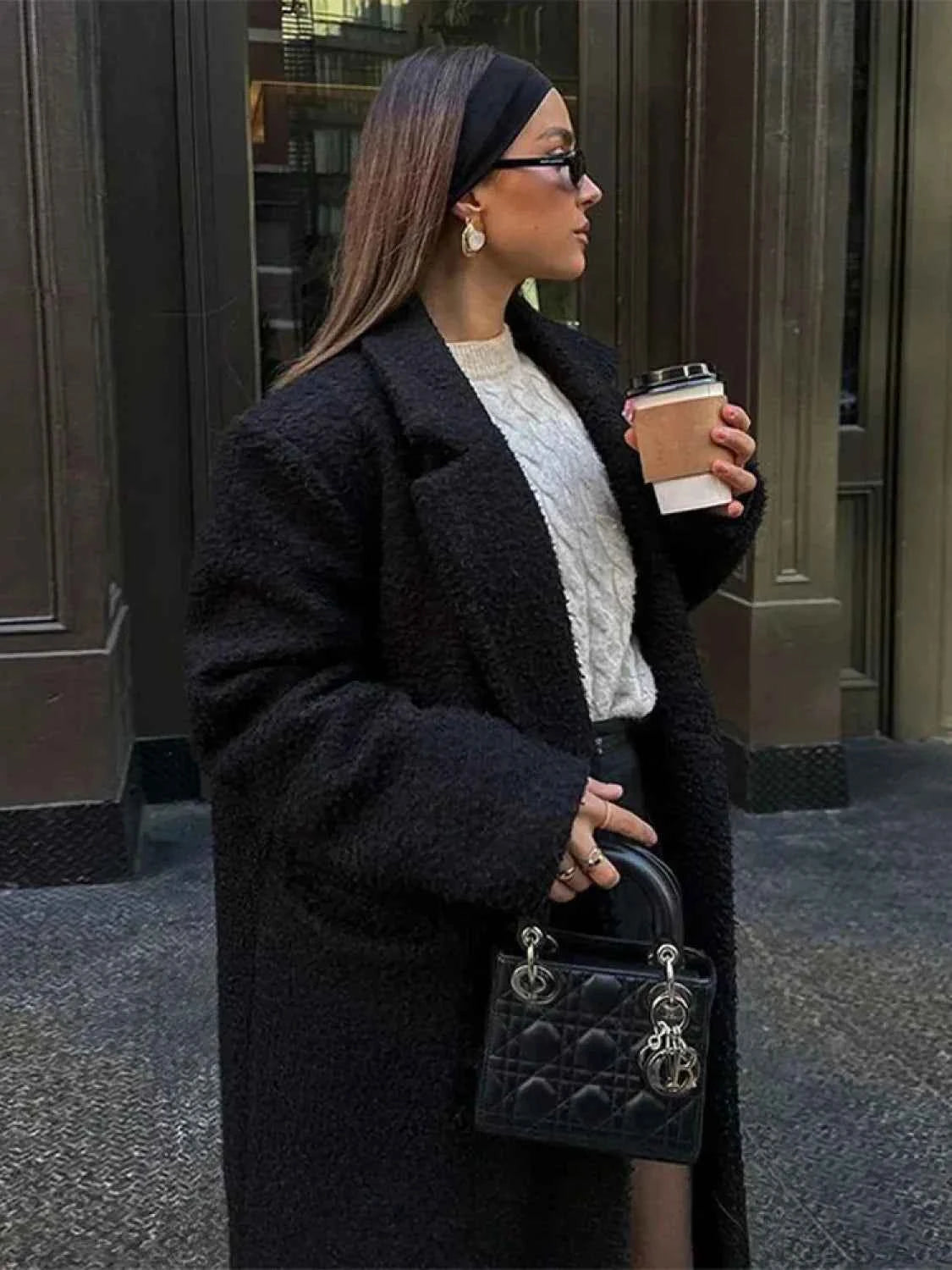 Stilvolle Vintage-Schwarze Woll-Doppelreihige Mantel