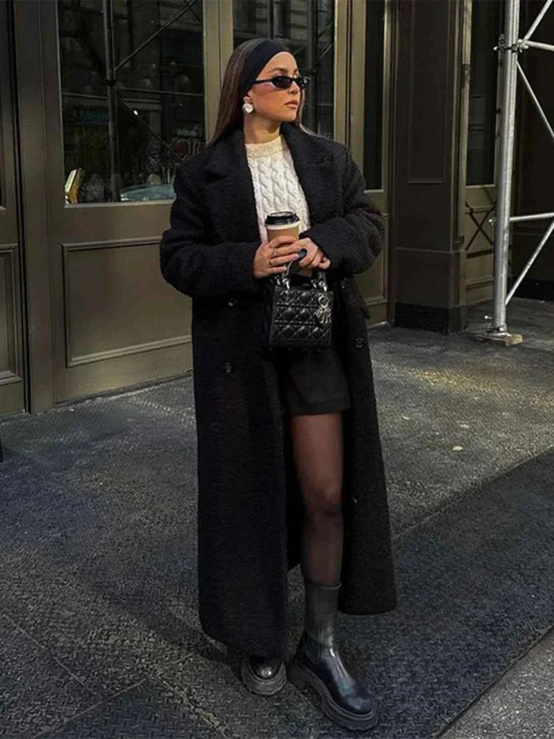 Stilvolle Vintage-Schwarze Woll-Doppelreihige Mantel