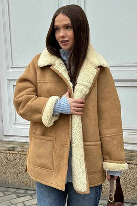 Vintage Echtleder Wildlederjacke mit Sherpa-Futter und weitem Reverskragen