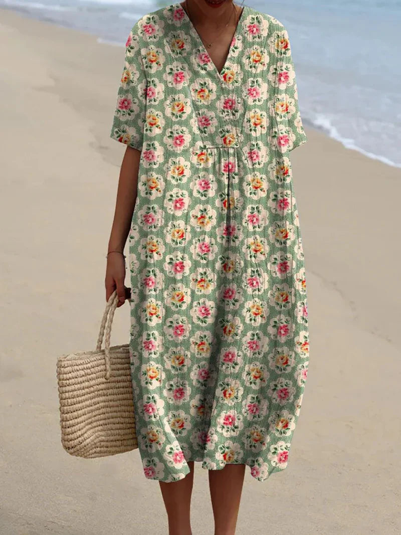 Éliane | Charmantes Vintage-Blumen Kleid in frischer grüner Nuance