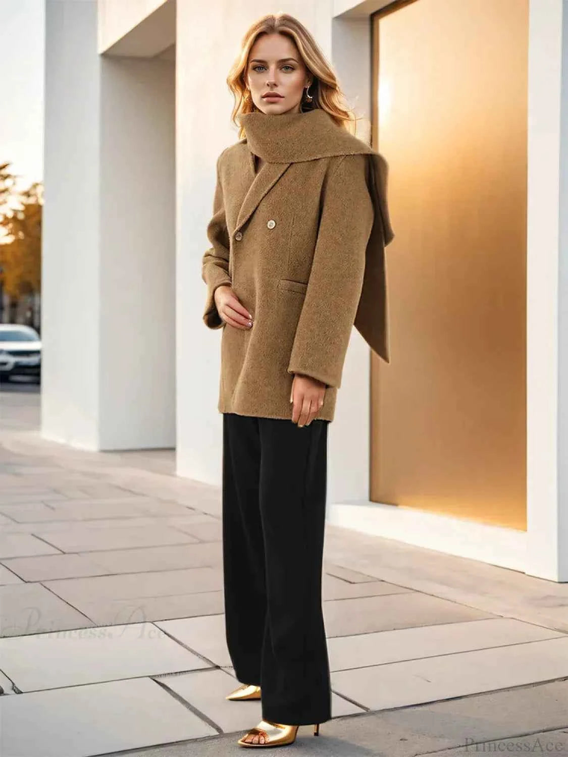 Wollschal mit Plüschkragen, warmer Doppelreihermantel