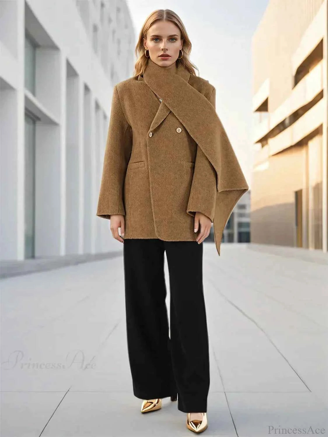 Wollschal mit Plüschkragen, warmer Doppelreihermantel