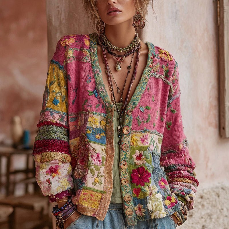 Damen Blumen-Patchwork Cardigan Weste, Zoe